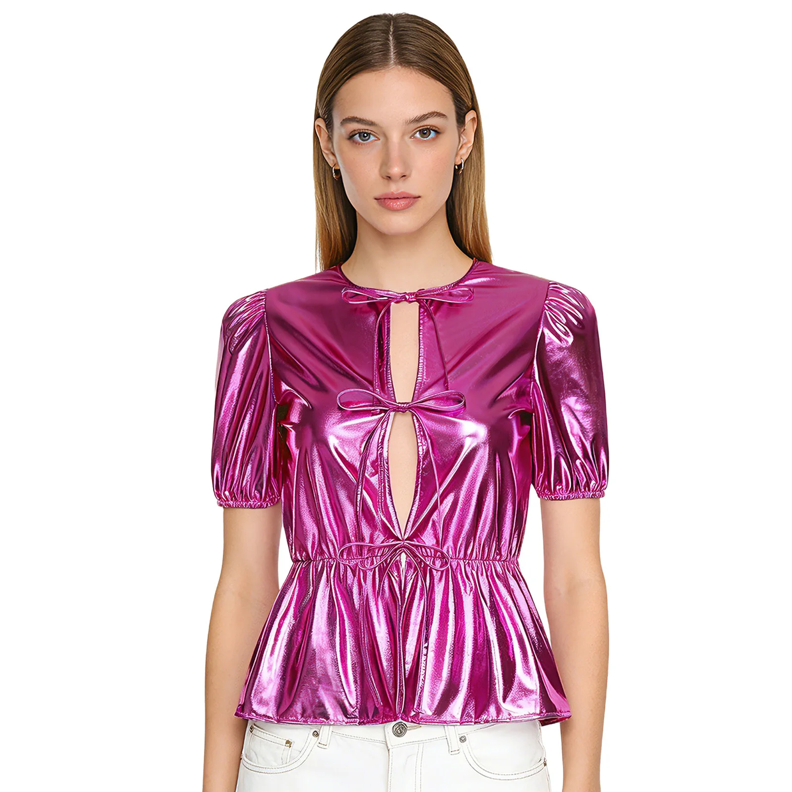 

Women Fashion Metallic Shiny Shirt Puff Short Sleeve Front Tying Ruffled Peplum Blouse Top for Club Party Music Festival Tops