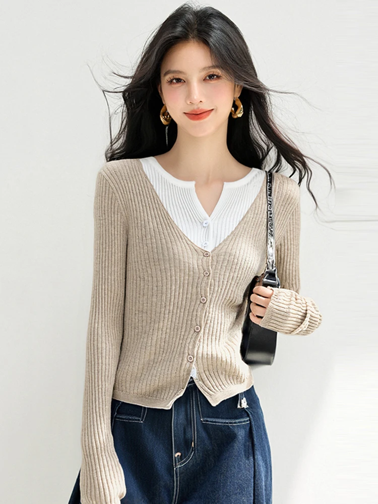 

Мягкий уютный вязаный свитер-обманка (имитация двойки) для женщин, модный сексуальный универсальный открытый кардиган, новинка весны 2026, базовая женская кофта