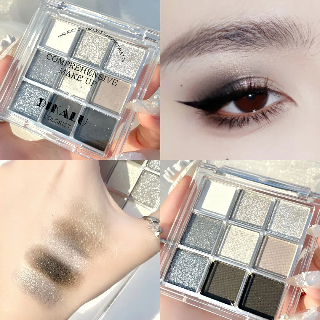 Paleta de sombra de ojos gris ahumado, 9 colores, resistente al agua, larga duración, brillo, sombra de ojos, encanto único, estrella, temperamento, maquillaje coreano