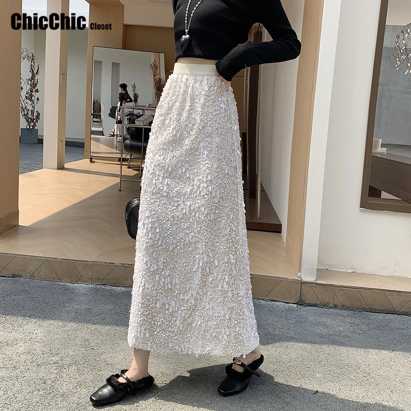

Elegant Long Skirts Women Korean Fashion High Waist Sequined Skirt Vintage A-Line Party Skirts Jupe Femme 2025 autumn and winter