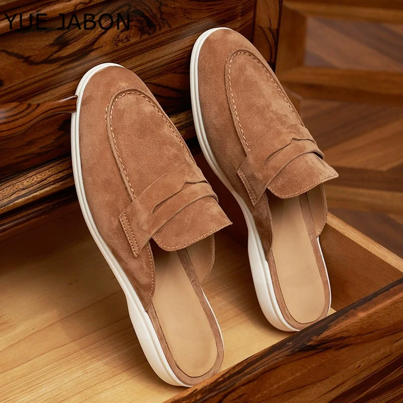 British Style Lazy Flat Bottomed Slip-On Shoes men's Spring Summer New Fashion Half Slippers Genuine Leather Cool Casual Shoes