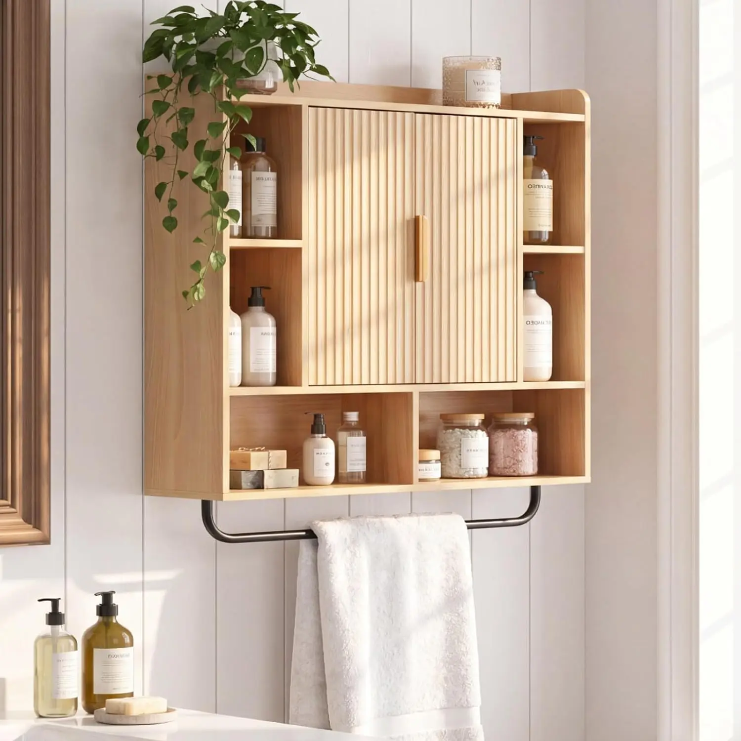 31.5 Inch Wide Fluted Wall‑Mount Bathroom Medicine Cabinet with Doors and Adjustable Shelf, Multi‑Use Over‑the‑Toilet Storage Organizer for Bathroom, Laundry Room, Kitchen and Entryway, Natural Wood Finish