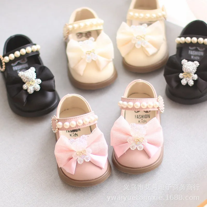 New Princess Leather ShoesCartoon Bow Square Mouth Toddler Shoes Children Sneakers Girls Baby Party Wedding Dance Kids Shoes