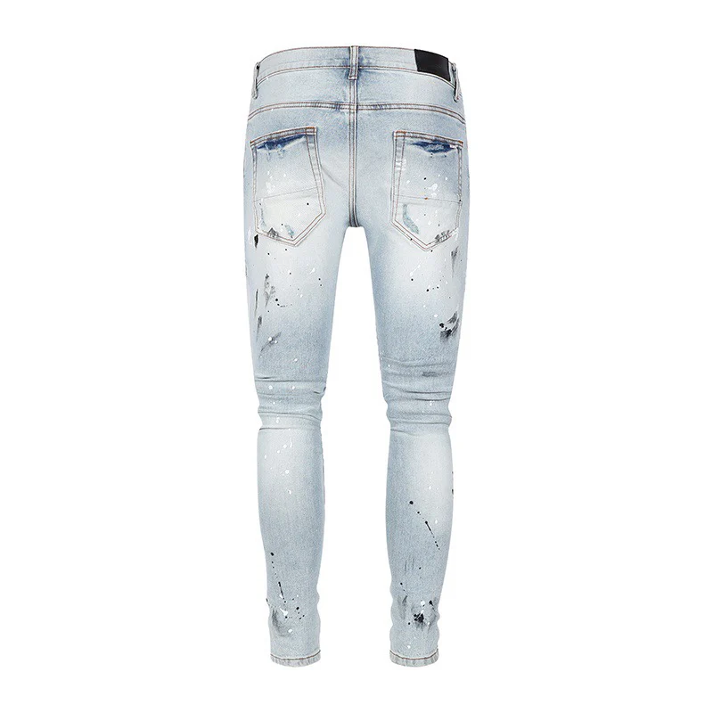 Y2k Designer's Fashionable New Men's Jeans, Painted, Washed, Nostalgic, Perforated Patch, Elastic, Slim Fit, Light Blue Jeans, H