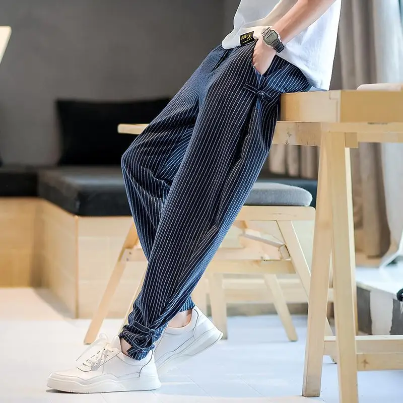2024 New Summer Korean Edition Handsome and Fashionable High Waist Pocket Striped Print Loose Oversized Strap Casual Pants