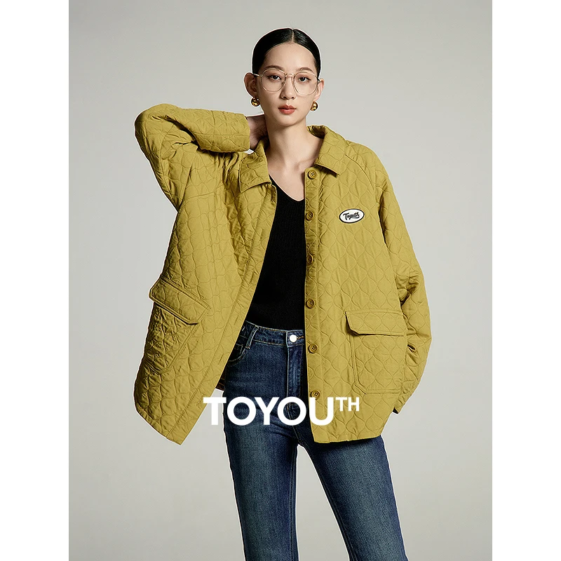 

Toyouth Women Cotton Jacket 2023 Autumn Long Sleeve Lapel Loose Coat Gourd Shaped Quilting Versatile Apricot Green Outwear Tops