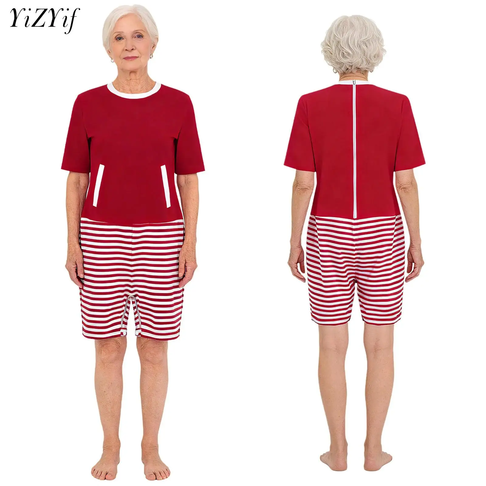 Womens Elderly Special Need Adaptive Clothing Long Sleeve Back Zipper Anti-Strip Jumpsuit Pajama for Alzheimer Dementia Patient