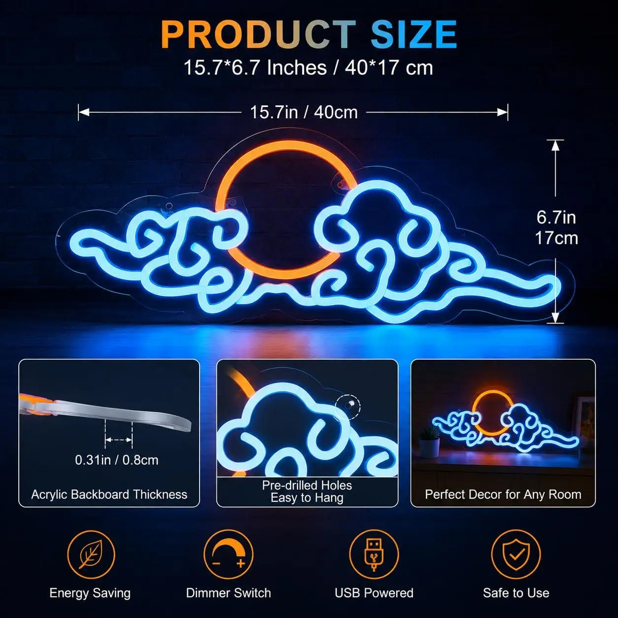 Anime Cloud Sunset Neon Sign USB Dimmable LED Lights For Japanese Aesthetic Themed Bedroom Gameroom Dorm Wall Hanging Decor Gift - view 3