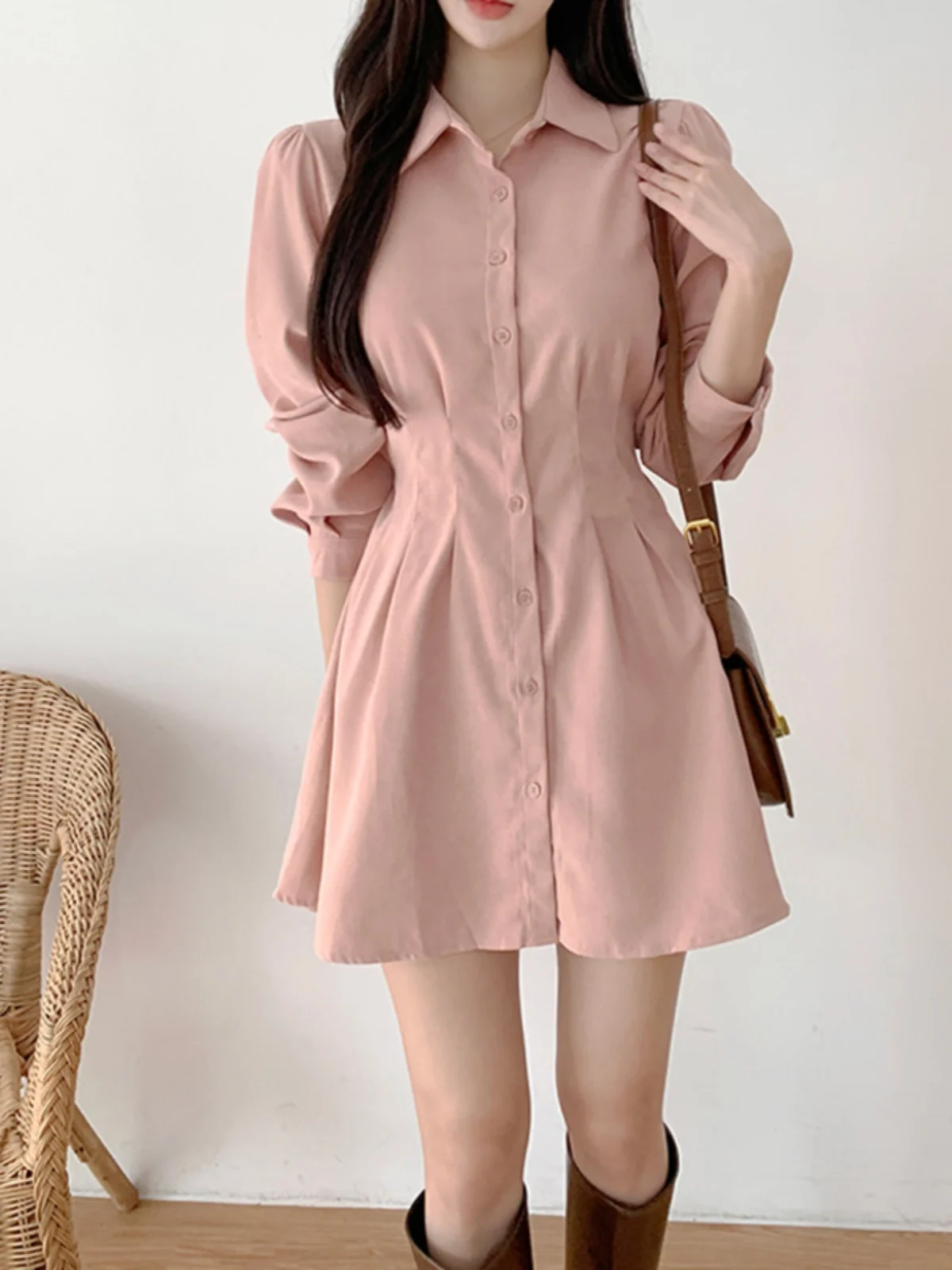 Chic Slimming Mid-Length irt Dr Women's Summer Vintage Collar Seven-Sve Single-Button ort Skirt Korean Sle High W...