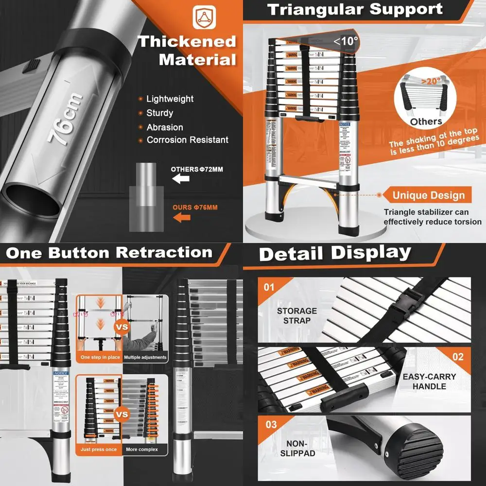 

12.5FT Aluminum Telescoping Ladder with 2 Stabilizers, 330lbs Capacity, Ideal for Home Use