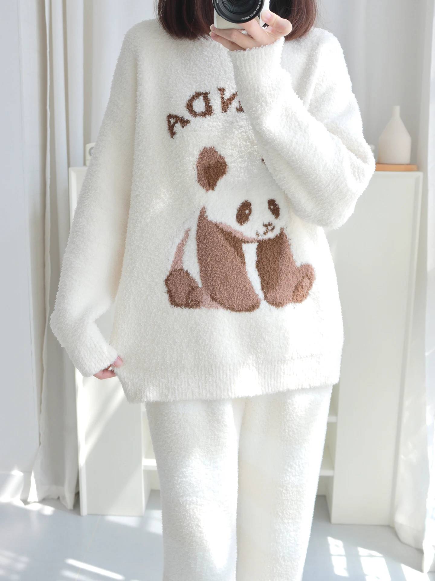 Otoño/Invierno nueva llegada ropa de hogar para mujer, conjunto de pijama térmico grueso con cuello redondo Simple a la moda