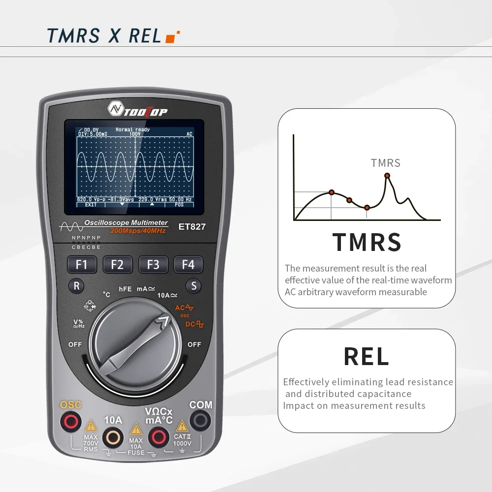 TOOLTOP ET827 200Ms/S 40MHz Portable Digital Oscilloscope 6000 Count Multimeter Analog Bandwidth Multipurpose Maintenance Test