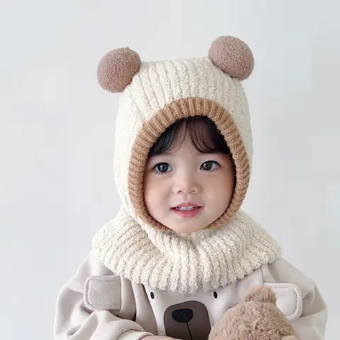 Winter Fleece Gebreide Muts Voor Baby Dubbele Pompom Bivakmuts Cap Leuke Effen Kleur Warme Pluche Sjaal Cap Kinderen Een Stuk Capuchon Mutsen