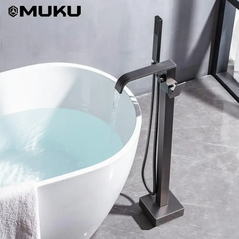 

Floor-Type Gray Copper Bathtub Faucet Shower Wall-Mounted Vertical Bath Tub Mixer Tap Double-Control Hot&Cold Bathroom Faucet