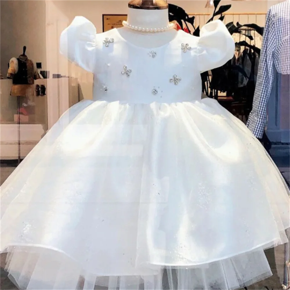 

Baby Girl Princess Vintage Dress Tulle Children white color Puff Sleeve Kids Pearl Wedding Party Birthday Tutu Dress