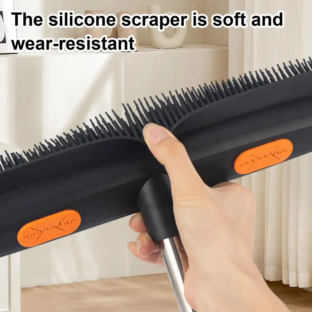 2-in-1 Long Handle Pet Hair Broom with Squeegee Lightweight Fur Remover Brush Ergonomic Grip Multi-Surface Cleaning Brush
