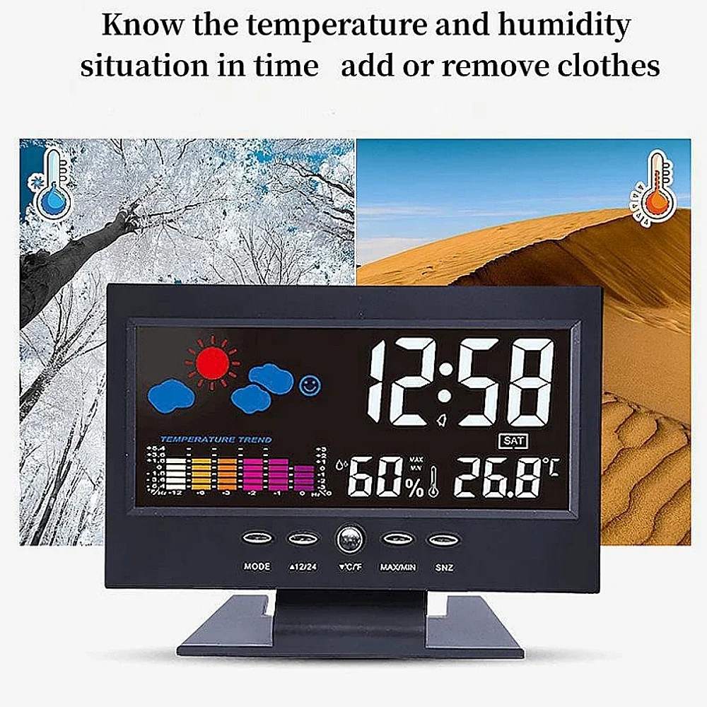 Digital Thermometer Colorful LCD For Clock Alarm Calendar Weather Station Voice Control Function Hygrometer With Base