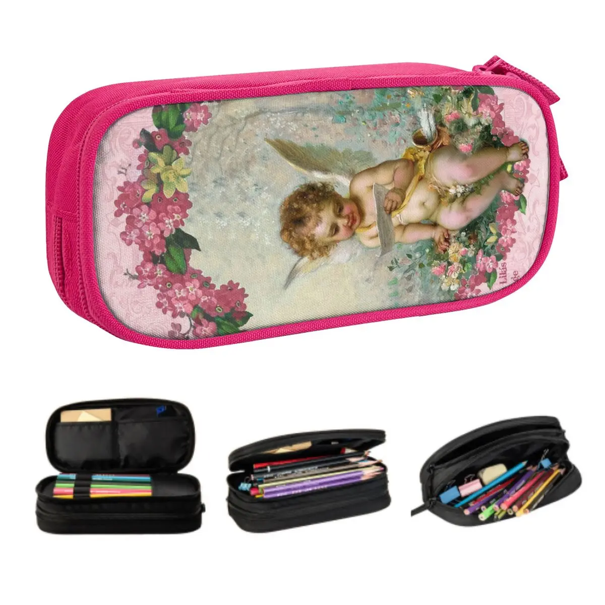 Custom Victorian Angel Vintage Rose Kawaii Pencil Case Girl Boy Large Capacity Pencil Box Student School