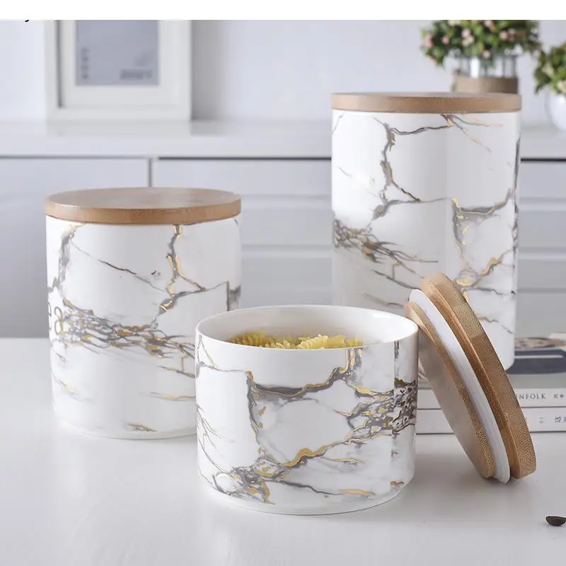 

Nordic Ceramic Storage Jar Marble Grain Wooden Cover Sealed Handicraft Luxury Home Supplies/Kitchen Dispenser