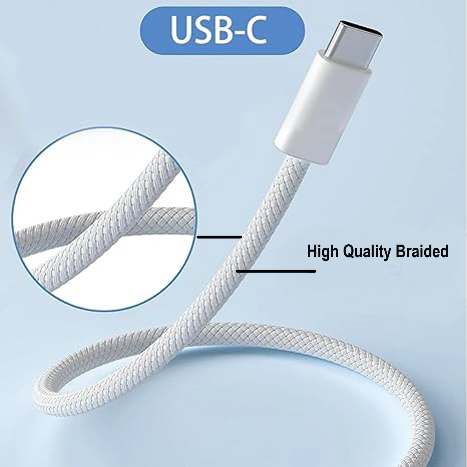 60W Nylon Braided USB-C to USB-C Fast Charging Cable for iPhone 16/15, Samsung S24/23/22, iPad Pro, Macbook Air/Pro.