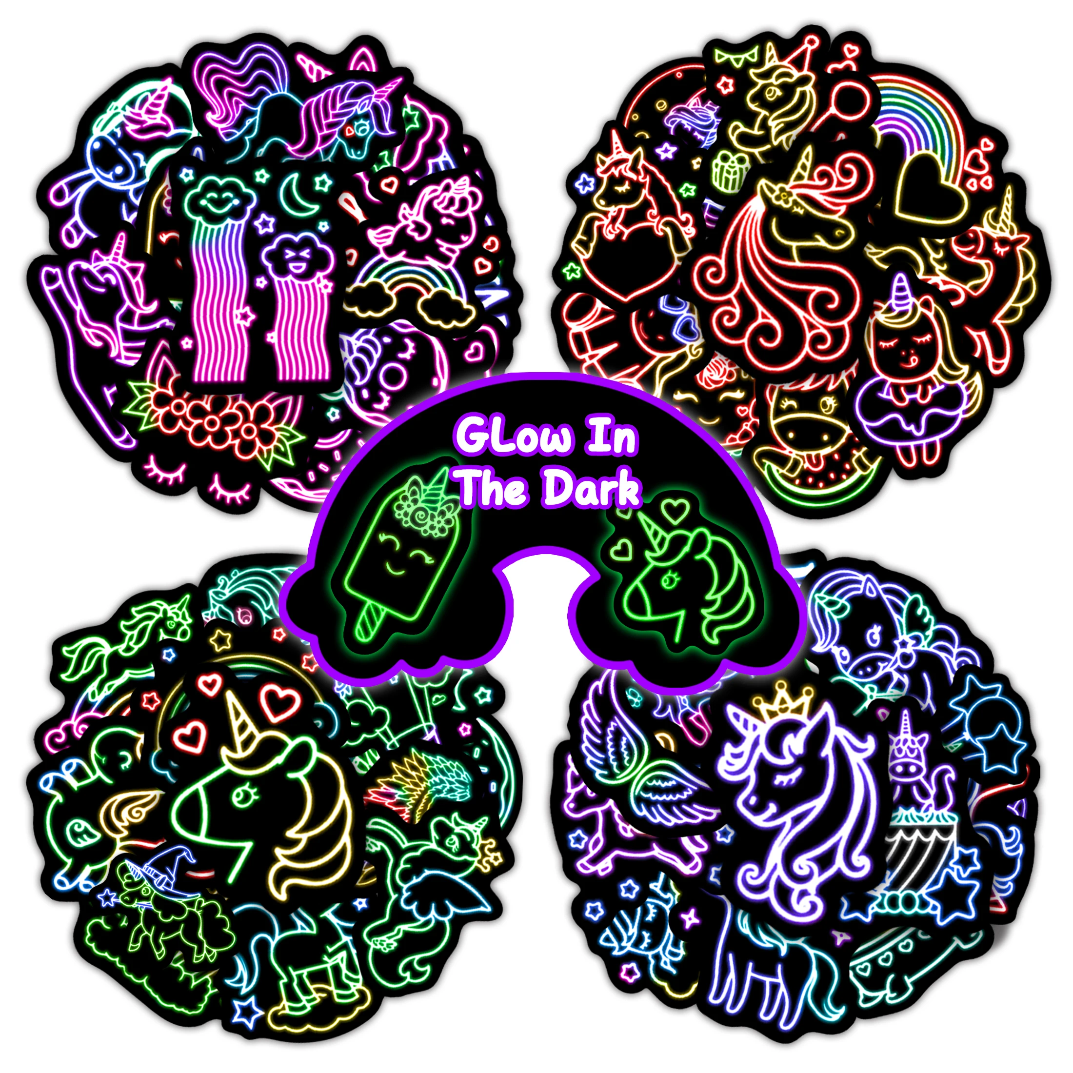 

50 шт., милые светящиеся в темноте наклейки на бутылку воды с единорогом, мультяшные единороги, животные, виниловые наклейки для декора ноутбука, скейтборда для детей