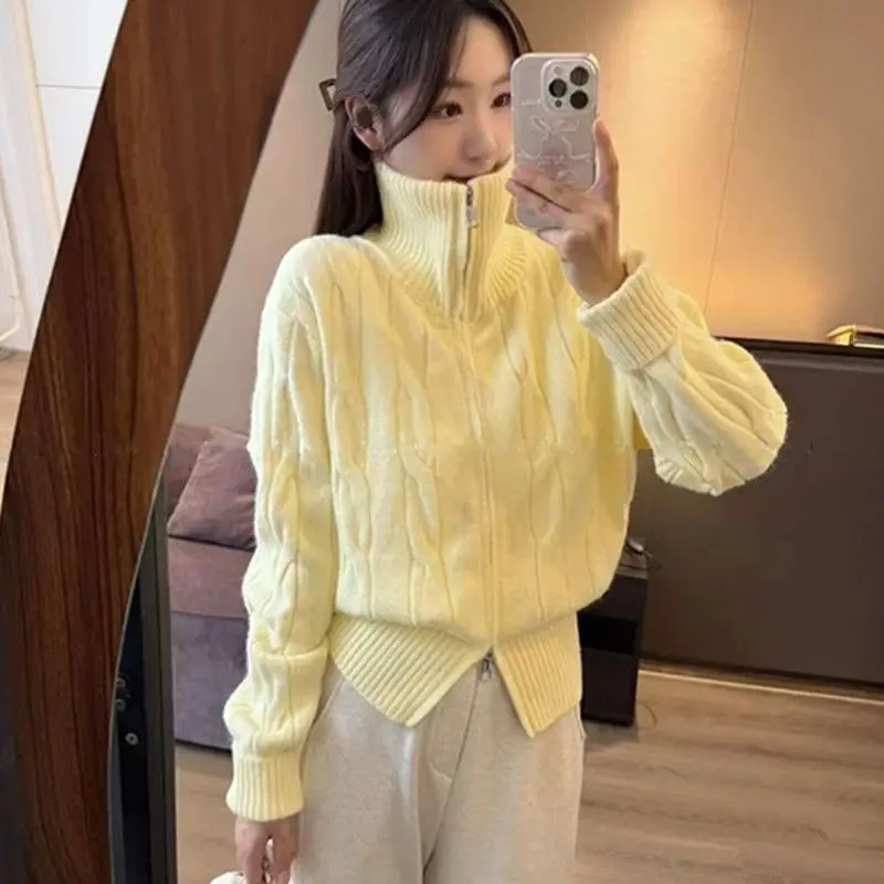 

Explosions New Knitwear Coat Ladies 2026Autumn Winter Double Zipper Turtleneck Twist Sweater Cardigan Women's French Jacket Tops