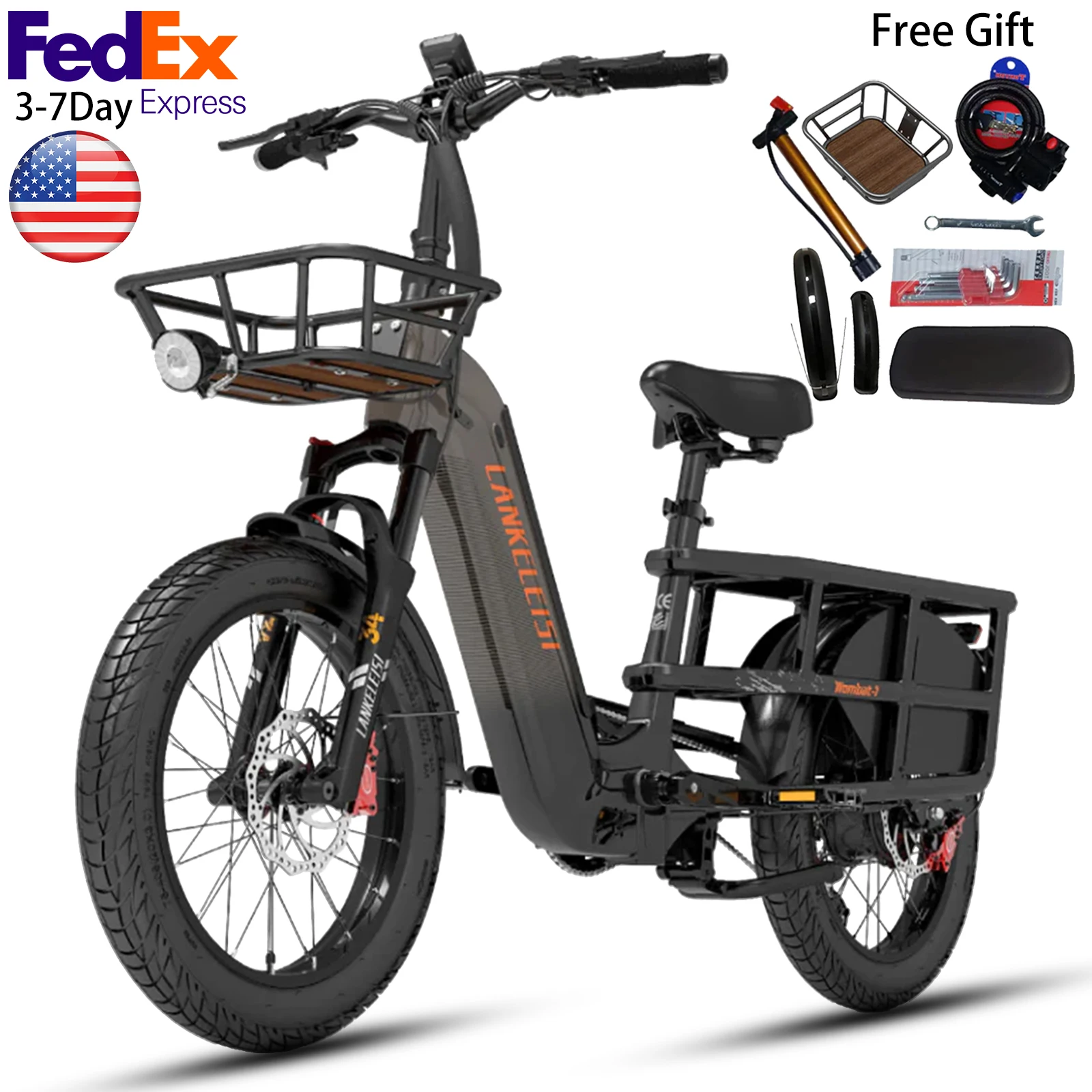 

Электрический грузовой велосипед Lankeleisi Wombat 20 дюймов, мотор 1000 Вт, большой запас хода, аккумулятор 960 Вт·ч, максимальная скорость 28 миль/ч, максимальная нагрузка 440 фунтов, новый