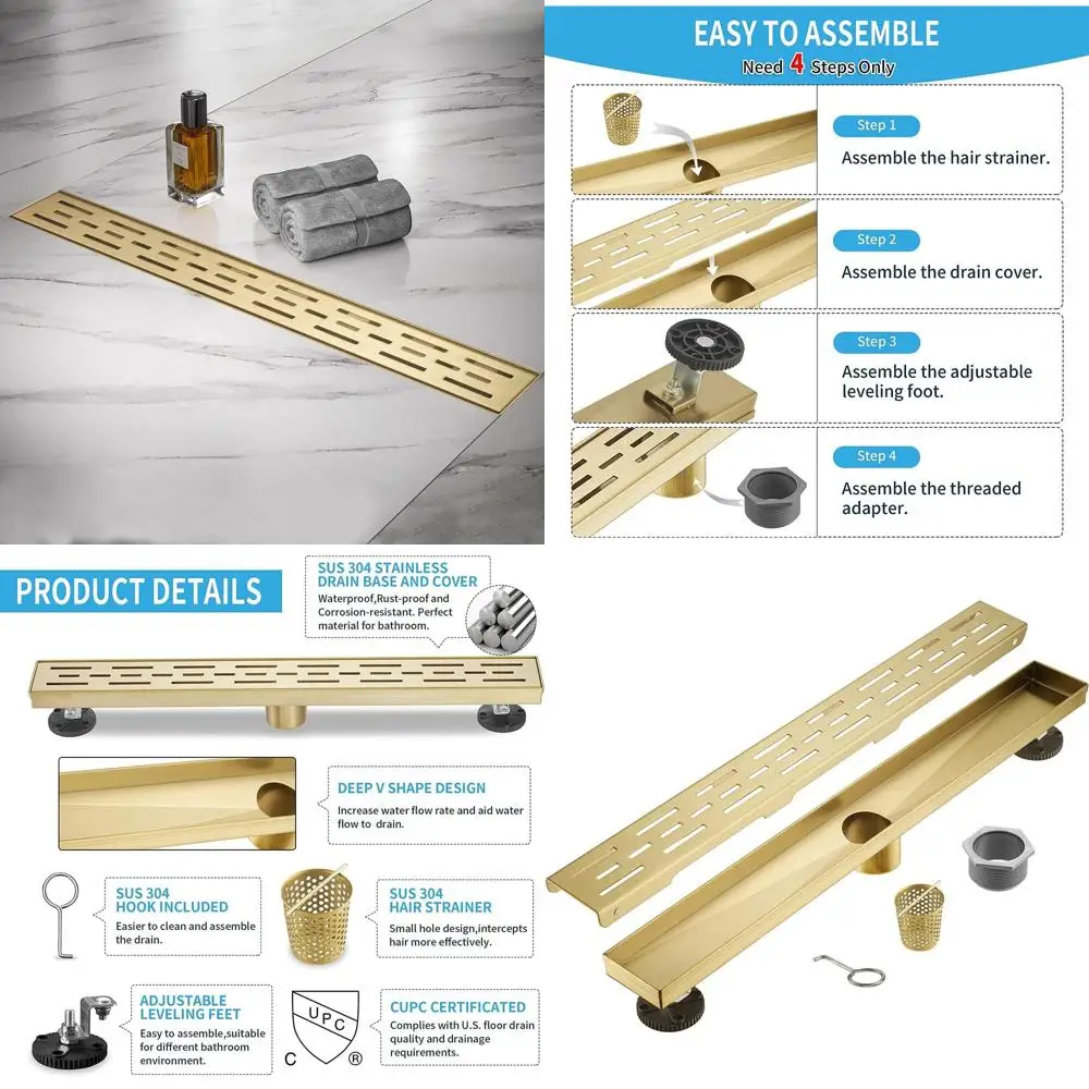 

32 Brushed Gold Linear Shower Drain with Removable Grate, SUS304 Stainless Steel, Modern Bathroom Floor Drain SD-101