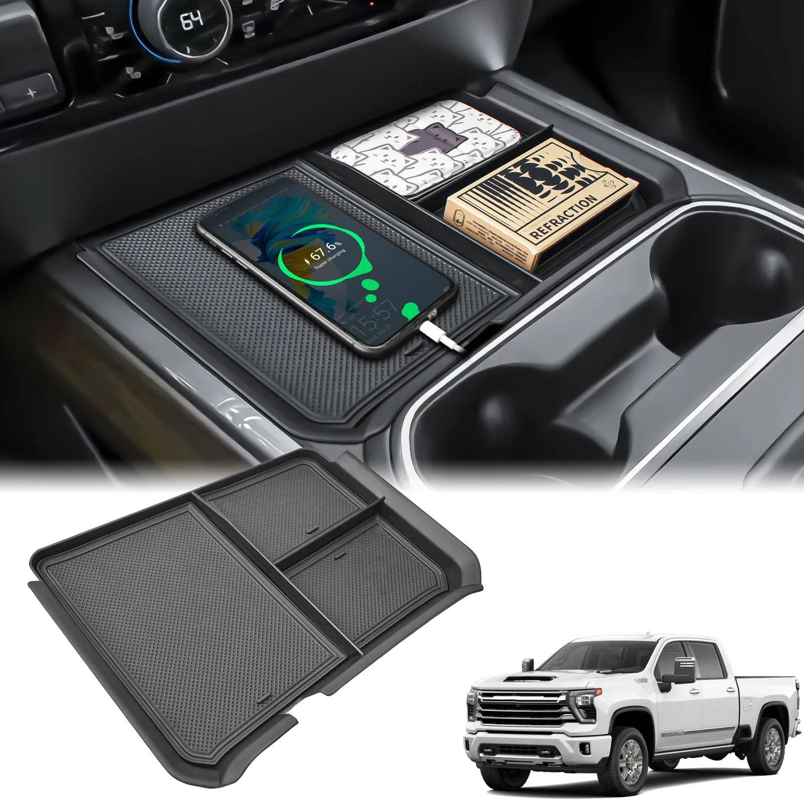 

Sixthsmoy Middle Center Console Organizer for 2024 2025 Chevy Chevrolet Silverado 2500HD 3500HD Armrest Box Storage Accessories