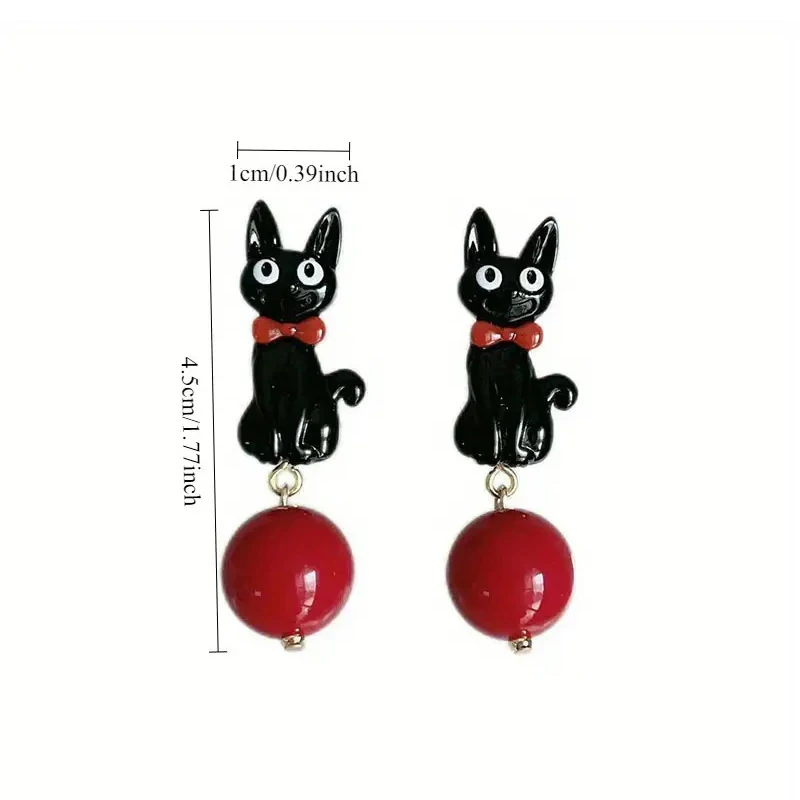 High-quality Materials Adorable Cartoon Black Cat Earrings With Red Pearl Pendant - Elegant And Stylish For Women
