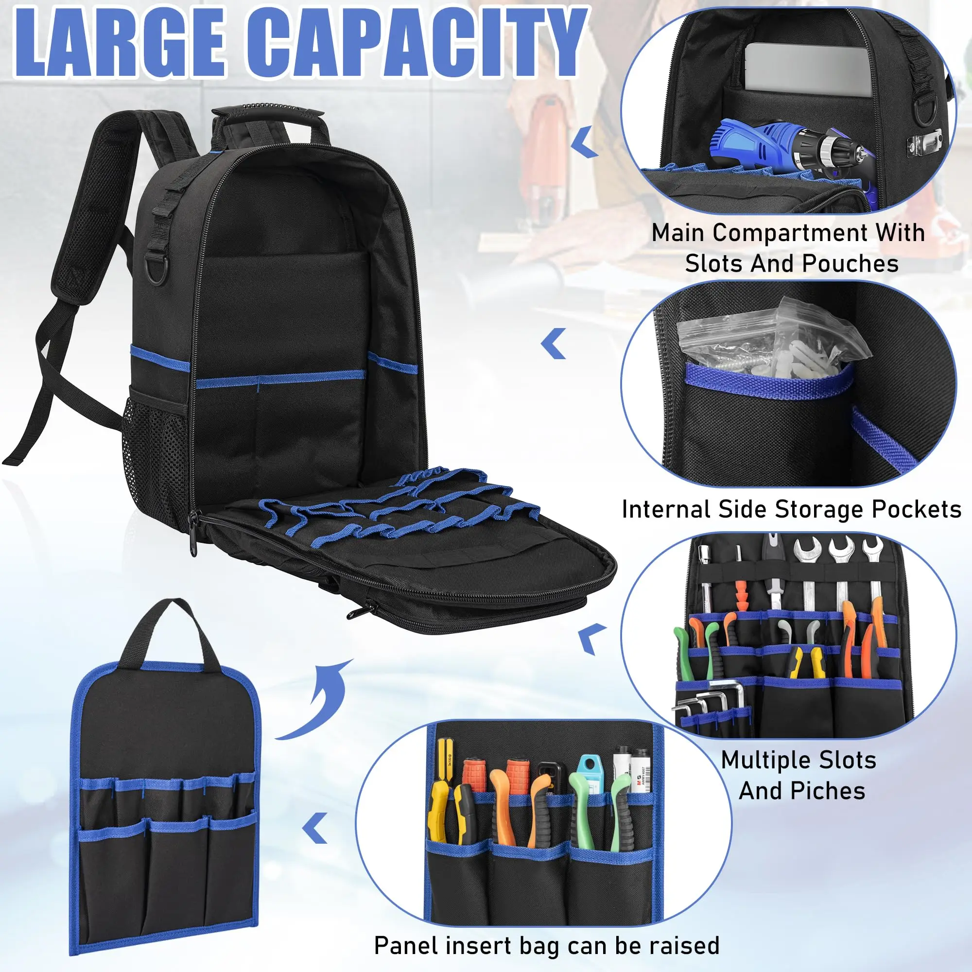Heavy-Duty Zipper Tool Backpack with Premium YKK Zippers and Reinforced Stress Points.Crafted from Durable 900D Polyester with Padded Back Panel and Ergonomic Shoulder Straps.Internal Organizer Features 10 Tool Pouches and 6 Elastic Loops.Ideal for Ele