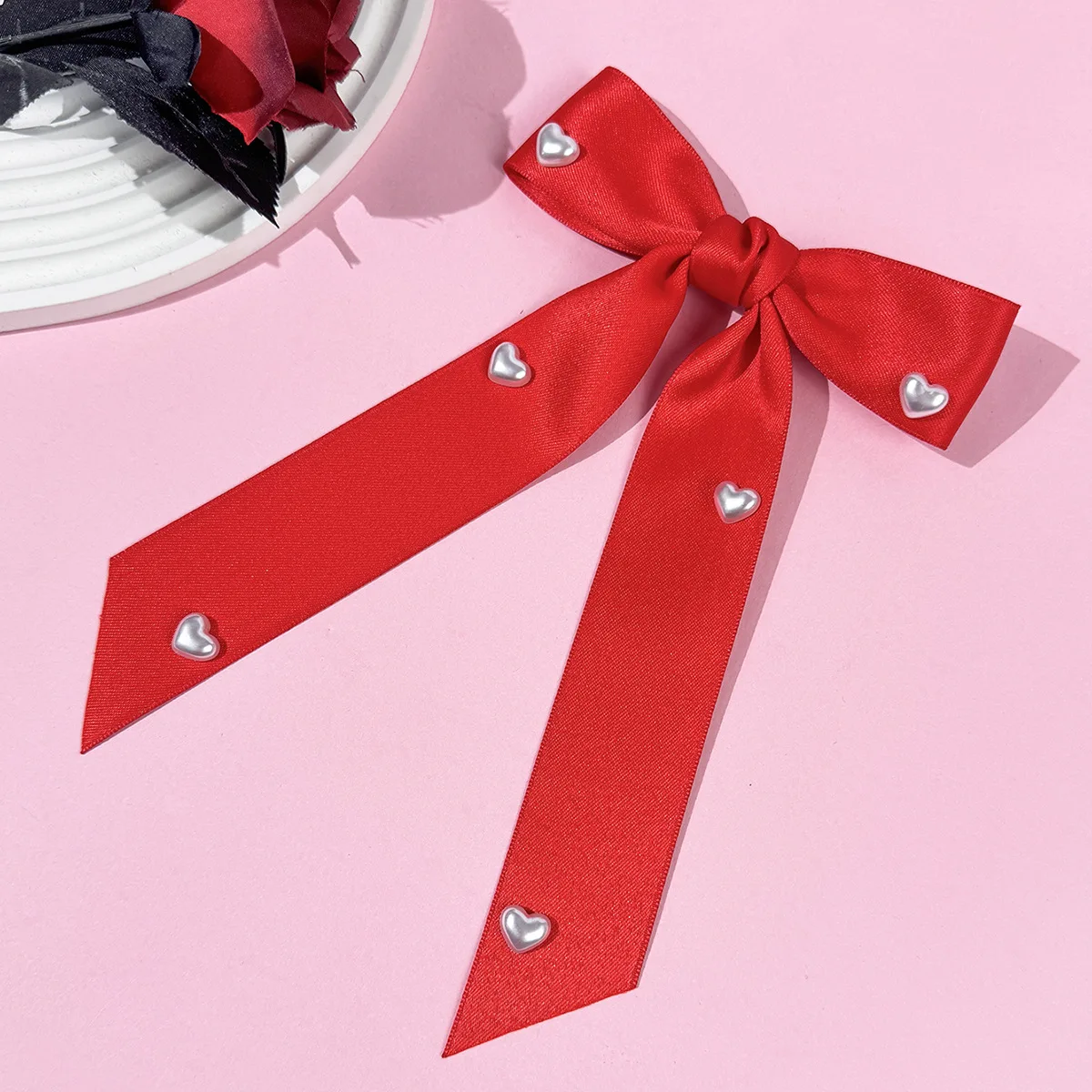 30 pinzas para el pelo con lazo y corazón de perlas para niñas y mujeres, pasadores largos con borlas, accesorios para el cabello para el Día de San Valentín a granel