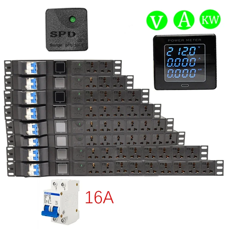 Aluminum alloy pdu Power Strip Switch SPD Digital Display Meter 2/3/4/5/6/7/8/9/10/11/12 AC Universal Output Socket