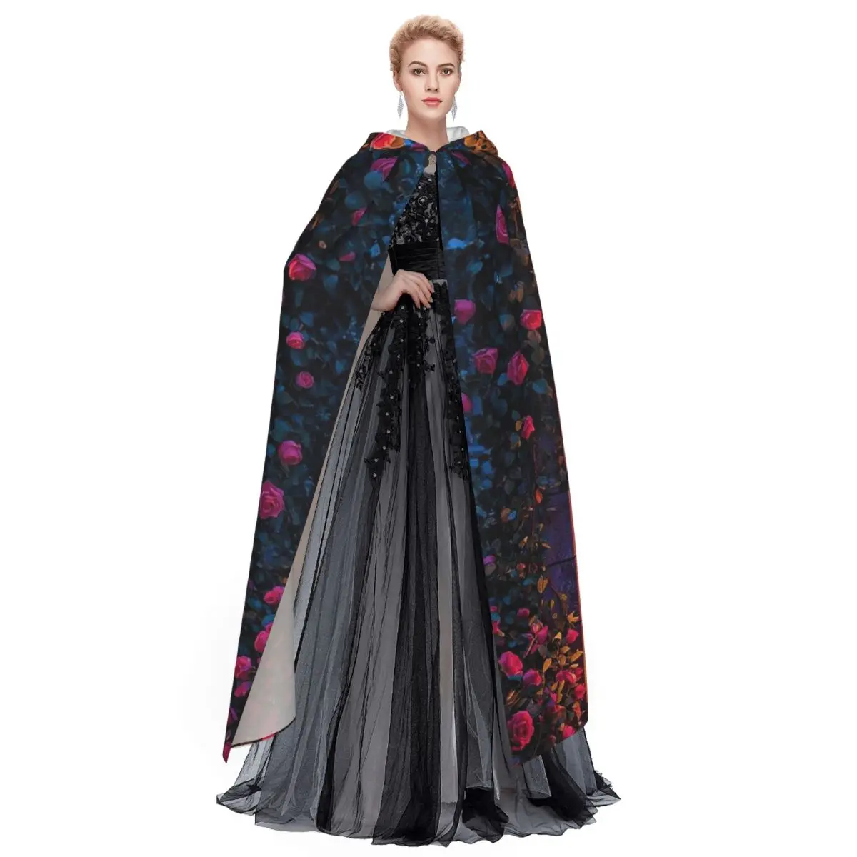 Garden Floral Inspirations Long Hooded Cloak Witch Medieval Costume Cosplay Cape HalloweenCoat Adult Unisex - view 5