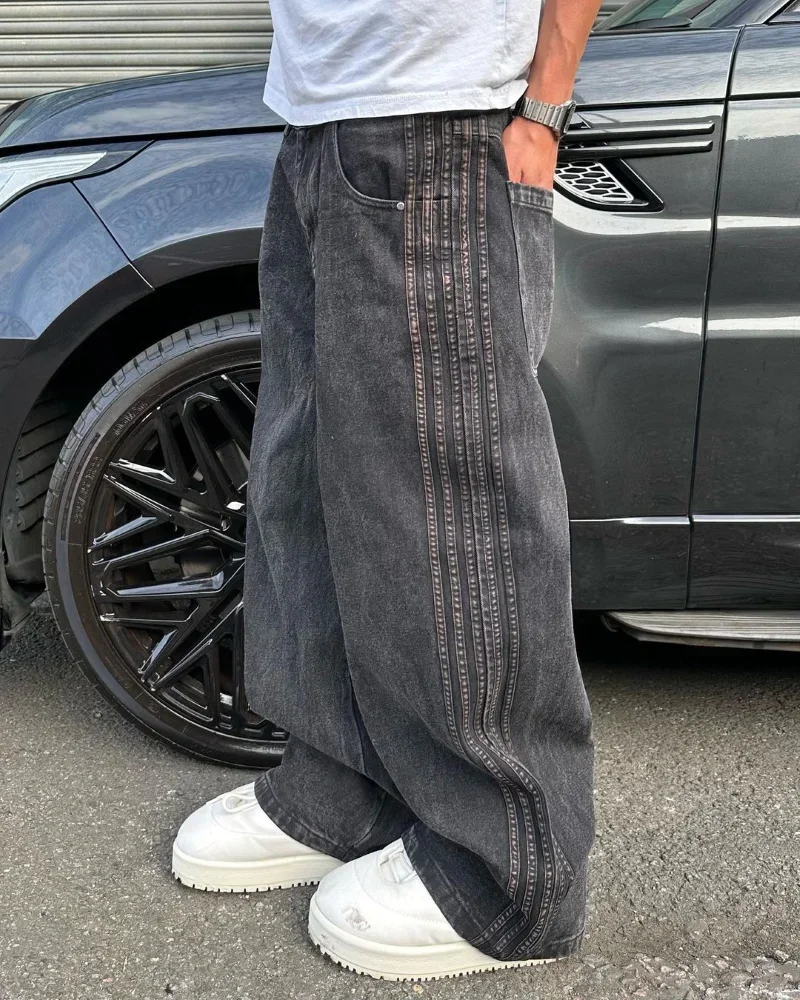 Harajuku Retro Simple Striped Embroidery Washed Gray Floor-Mopping Jeans Men's Street Trend Y2K Loose Straight Pants