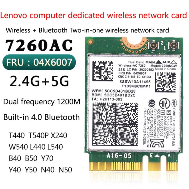 Carte réseau sans fil Bluetooth pour Lenovo, Lenovo Tfts X240, Y40, Y70, Y50, 7260AC, 4.0, 04X6007