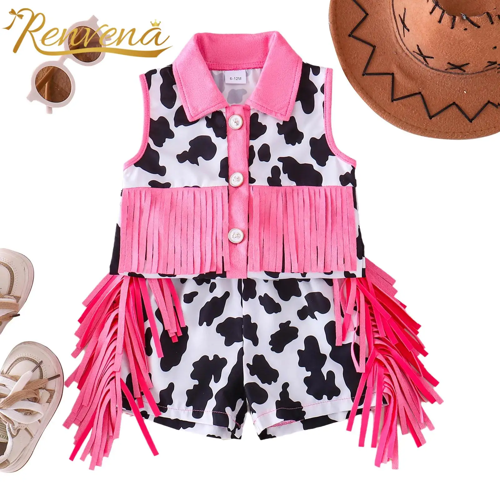 Western-Cowgirl-Kostüme für Kinder, ärmellose Weste mit Kuhmuster, zweiteilige Cowgirl-Kostüme mit Fransen, Shorts, Hippie-Kostüme, Outfit