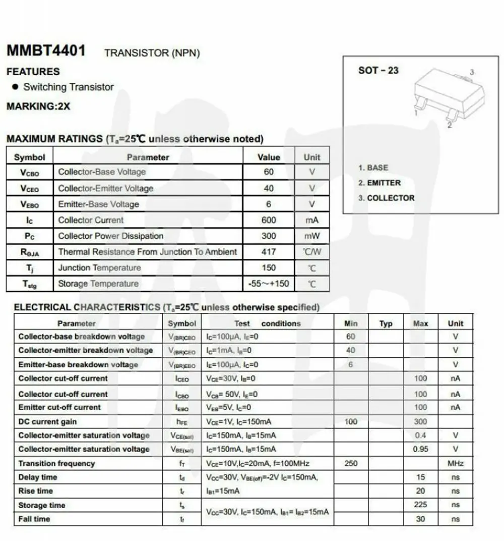 100PCS MMBT4401 2X 0.6A 40V NPN SOT-23 SMD Chip Transistor