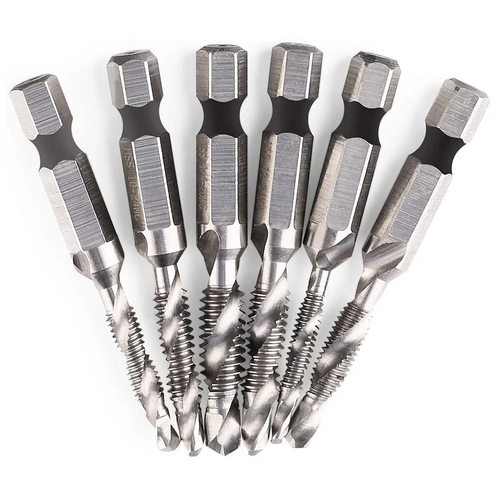 6 Stuks Boor Tap Set Hex Shank SAE Combinatie Boor en Tap Bit Set HSS 4341 Schroef Tap Ontbramen Boor