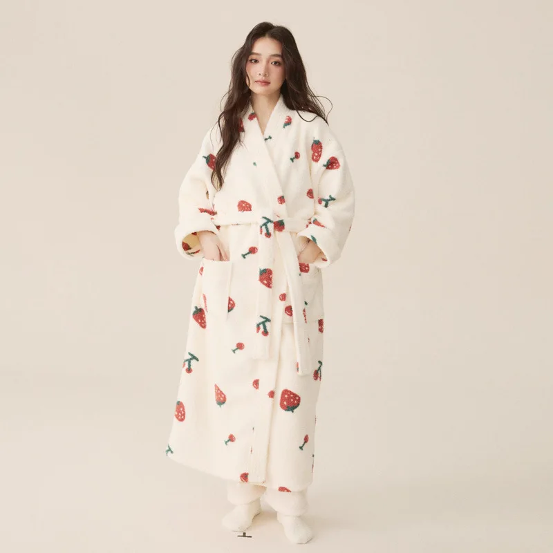Autumn Winter Sweet Cute Thickened Coral Velvet Bathrobe Soft Cozy Fleece Loungewear Extended Length Nightgown Women Maxi Robes