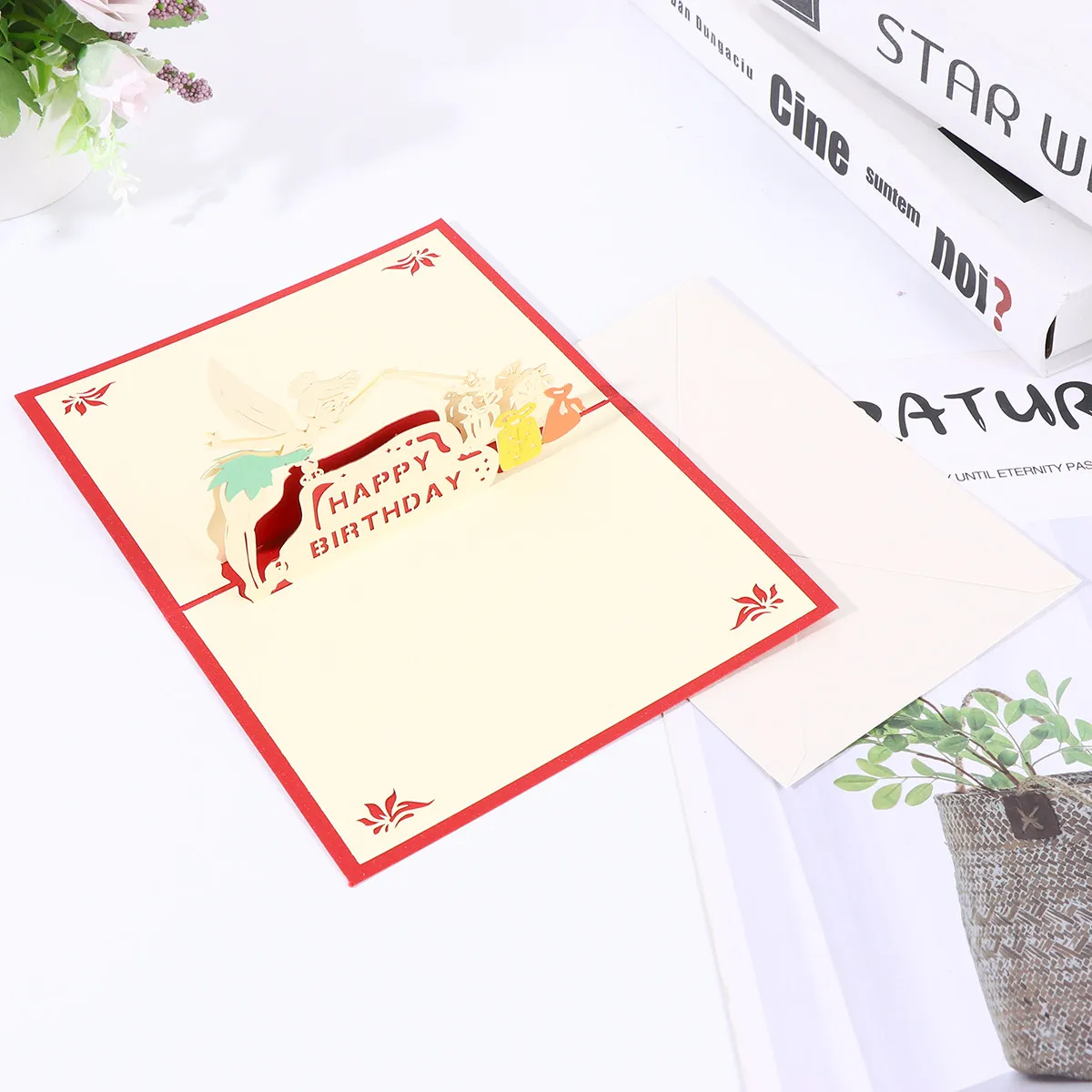 

3pcs 3D Up Card Little Fairy Greeting Birthday Blessing Card Red For Party Invitation Gift Friends Family Printed Vibrant Colors
