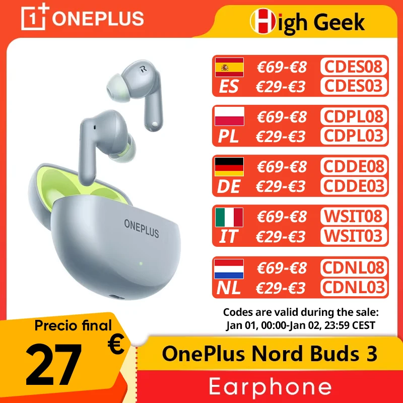 Global Version OnePlus Nord Buds 3 Earphones Up to 32dB Active Noise Cancellation Ultra-deep Bass with BassWave 2.0 IP55 BT5.4