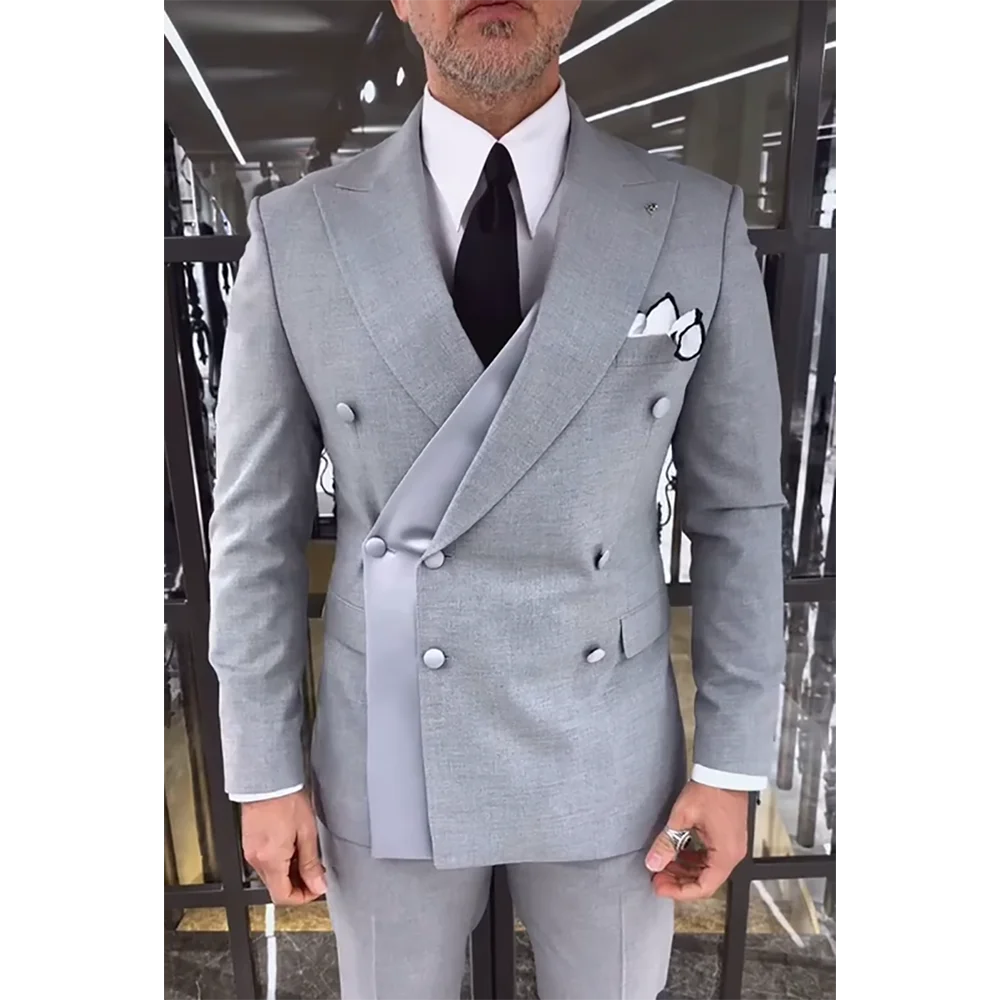 

Gray Men Suits Double Breasted Peak Lapel Man Set 2 Piece Formal Outfits Business Casual Tailored Party Prom Jacket Pants