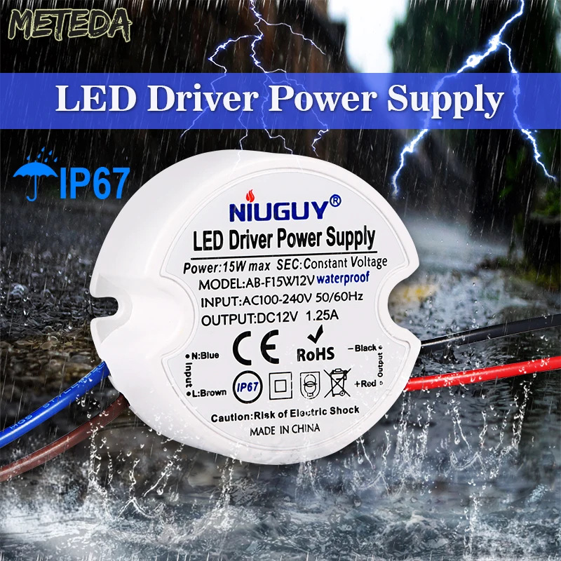 Waterproof Transformers 15W 12V Power Adapter IP67 Outdoor Waterproof Mini LED Driver AC 110-220V to DC 12V for LED Strips