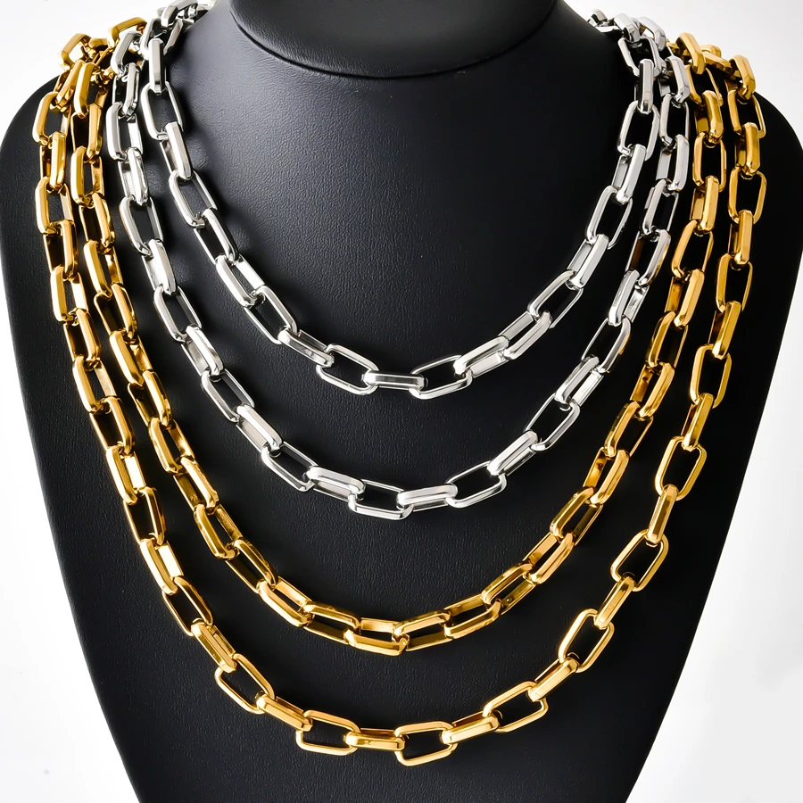 Rechteckige Kettenhalskette im Hip-Hop-Stil, Edelstahl-Halsketten für Damen und Herren, Accessoires, Halsketten, echt vergoldeter Schmuck – Detail 3