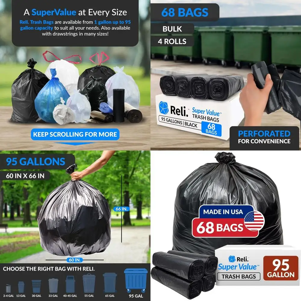 

Мешки для мусора повышенной прочности, 95 галлонов, 68 штук, супербольшой размер для мусора или крупных работ по уборке, черные