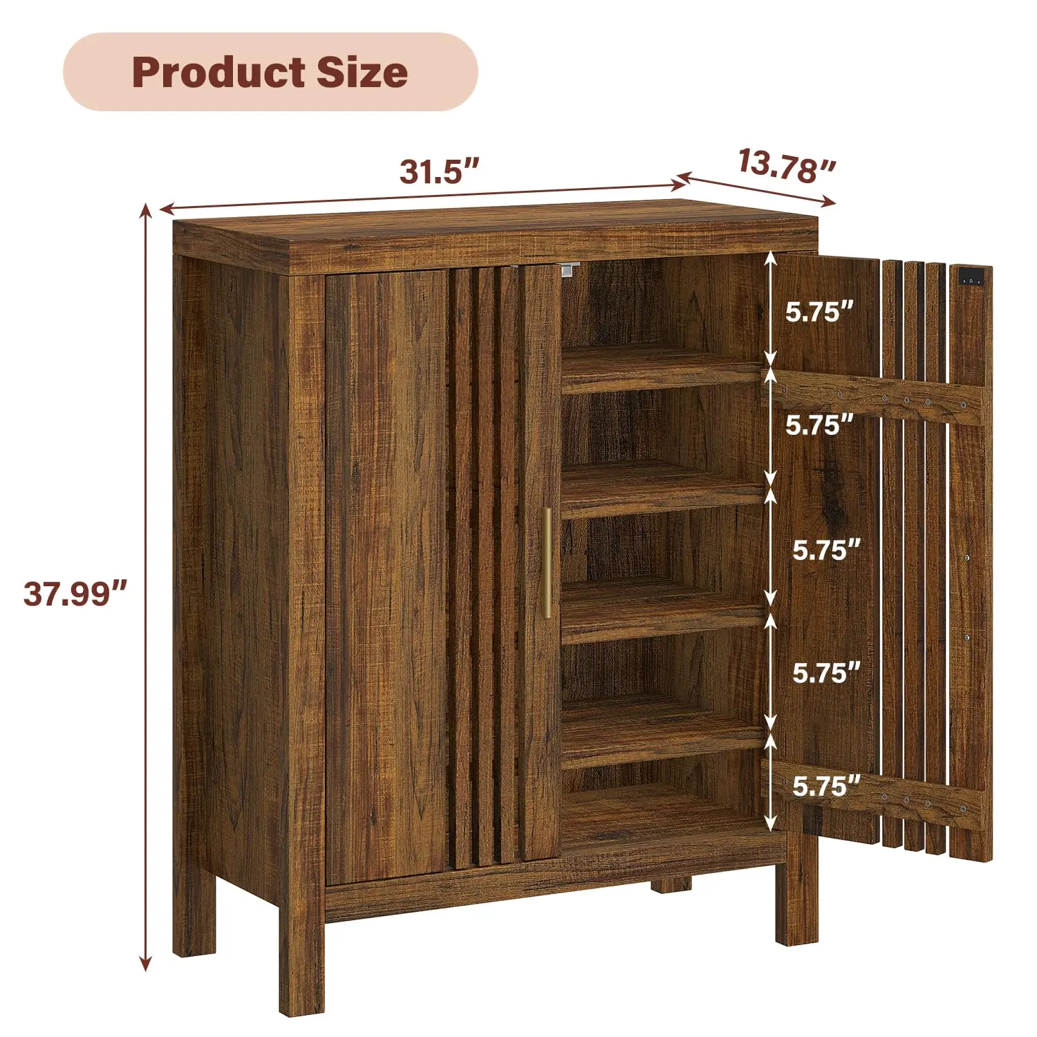 Shutter Door 5-Tier Shoe Cabinet Adjustable Shelves Wooden Entryway Organizer Hallway Living Room Freestanding Walnut,Customized
