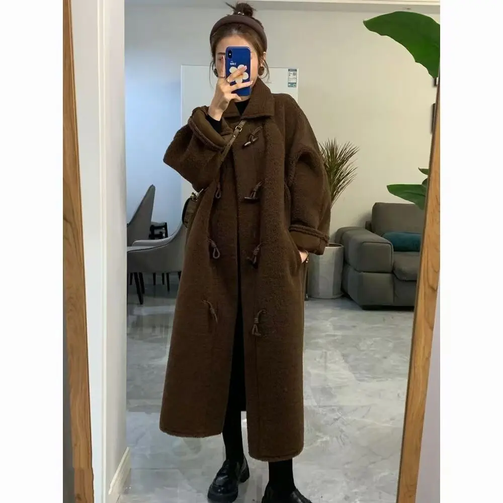

Женское длинное пальто из овечьей шерсти, осень-зима 2025, новинка, в расслабленном стиле, на пуговицах, свободного кроя, больших размеров, теплое, коричневое, утолщенное, с длинными рукавами