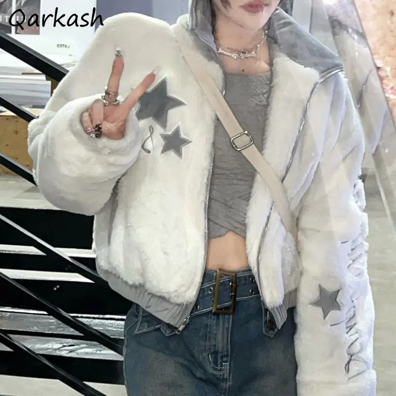 Aksamitne kurtki damskie Casual Stars Winter Y2k Clothes All-match Sweet Sexy Lovely Harajuku High Street Elegant Pockets Ropa Mujer