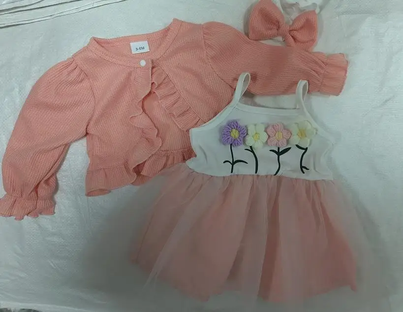 

Baby Girl Fall Outfit, Long Sleeve Jacket with Flowers Tulle Slip Dress Headband Clothing Set